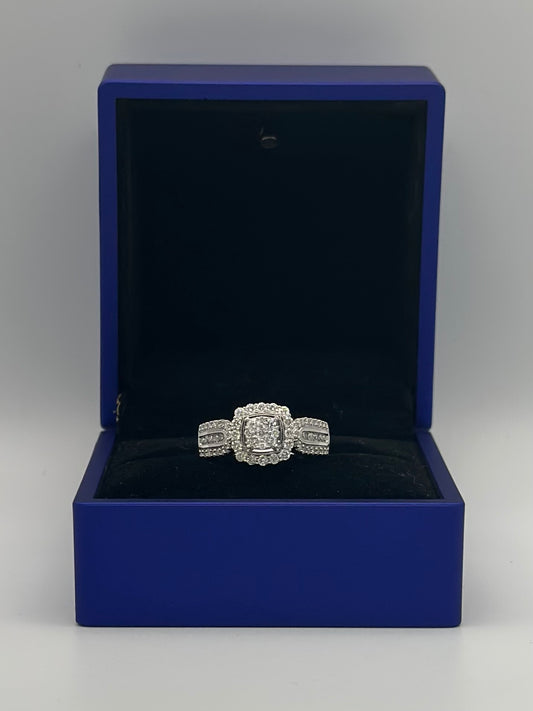 White engagement ring in square diamond.