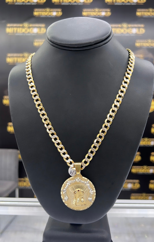Double-tone hollow chain and solid medal with Virgin drawing.